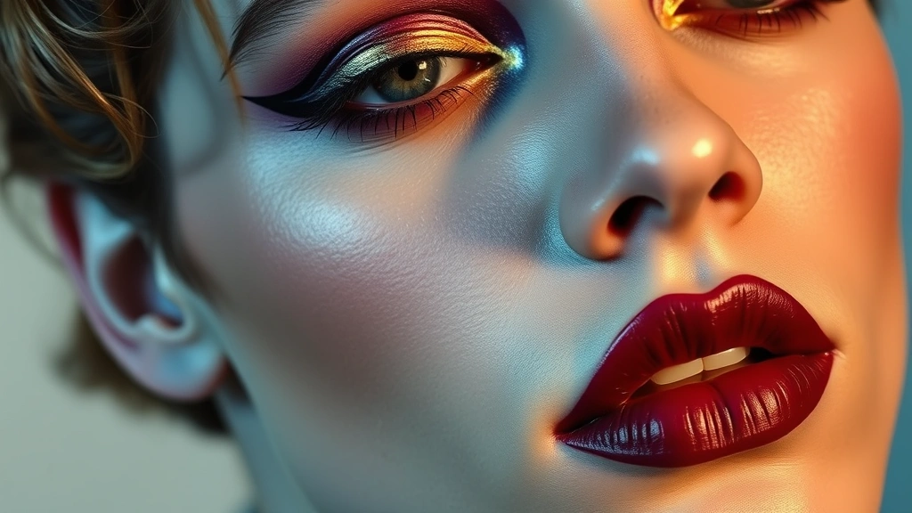 Close-up of expertly applied 80s makeup showing metallic gold and plum eyeshadow with sharp winged eyeliner, burgundy matte lips, and contoured cheekbones on male face