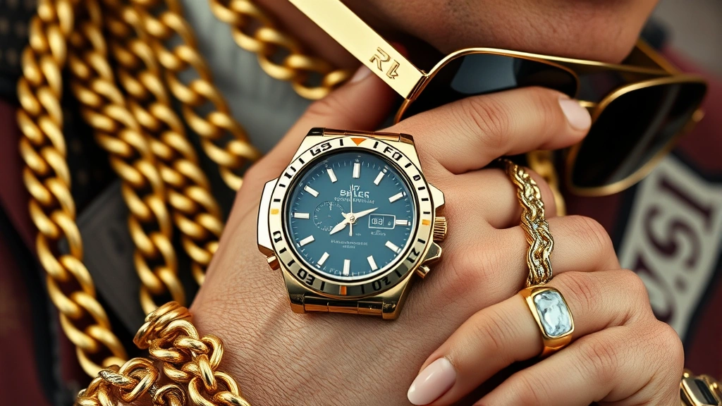 Close-up detail shot of 80s men's fashion accessories: chunky gold chains, large digital watch, oversized sunglasses with dark lenses, and decorative rings on masculine hands