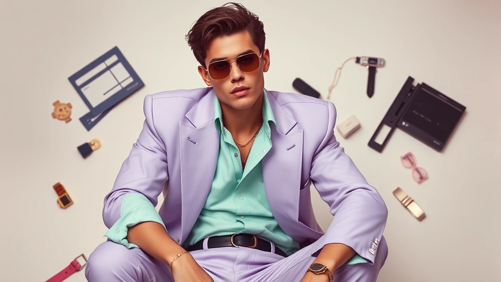 Male model in pastel Miami Vice-inspired aesthetic wearing rolled-sleeve mint green shirt under oversized lavender blazer with prominent shoulder pads, white sneakers, accessories scattered artfully