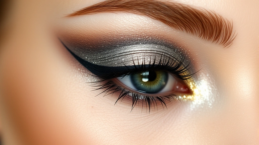 Detailed view of a model's eye with shimmery silver and gold metallic eyeshadow, smudged charcoal eyeliner, and defined thin brow, professional makeup artistry