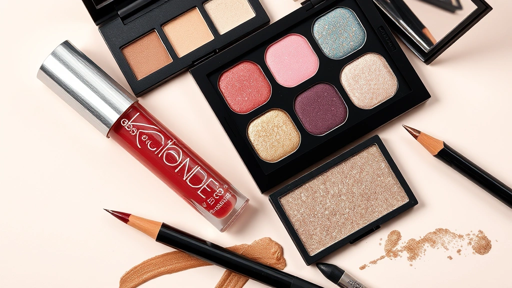 Beauty flat lay featuring 90s-inspired makeup products including frosted lip gloss, brown lip liner, shimmer eyeshadow palette, and pencil eyeliner arranged artistically