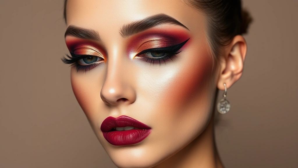 Beauty shot of a person wearing bold metallic bronze and deep purple color-blocked eyeshadow with dimensional shimmer, thick defined eyeliner, and jewel-tone lip color, photographed against a neutral background with professional studio lighting emphasizing the makeup texture and pigmentation