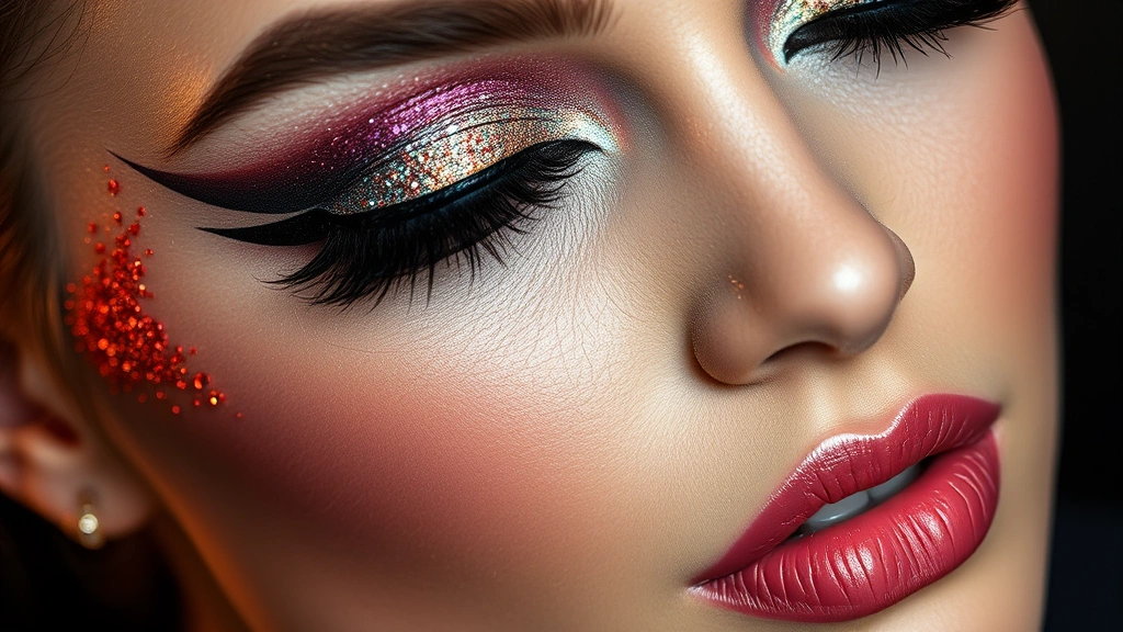 Artistic close-up of a face featuring dramatic graphic eyeliner design, multicolored shimmer eyeshadow with strategic glitter placement, and coordinated lip makeup, shot with professional photography lighting that captures the dimensional quality and sparkle of the products