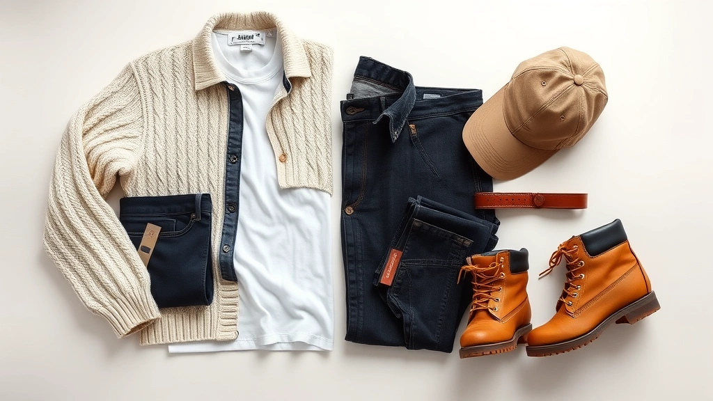 Flat lay composition of 90s menswear essentials: cream cable-knit sweater, white t-shirt, black denim, brown leather belt, Timberland boots, and vintage baseball cap arranged artfully on light surface
