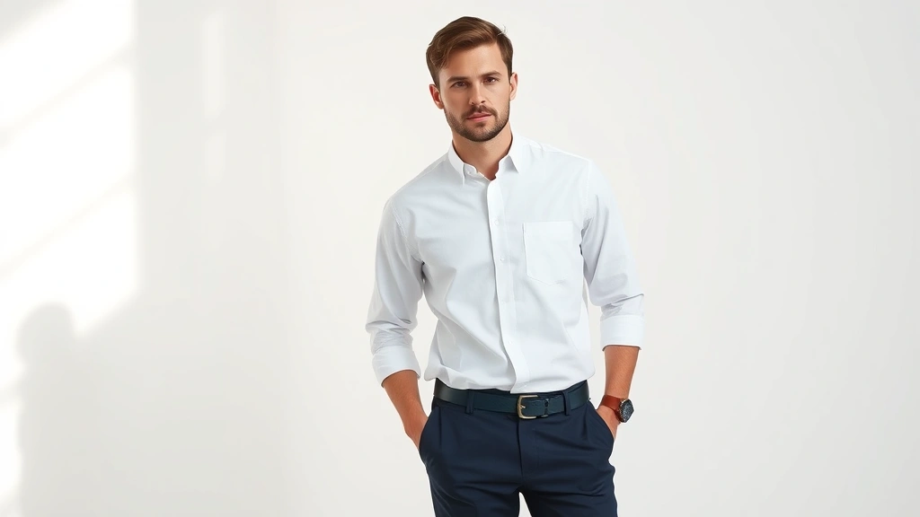 Man in minimalist 90s outfit: crisp white oxford shirt, charcoal sweater, navy trousers, simple leather watch, standing with confident posture against clean white background with soft natural lighting