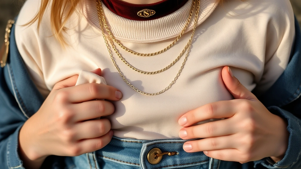 Close-up of styled 90s accessories including velvet choker, layered thin gold chain necklaces, and baby tee tucked into high-waisted jeans, hands visible arranging pieces, natural lighting, lifestyle photography