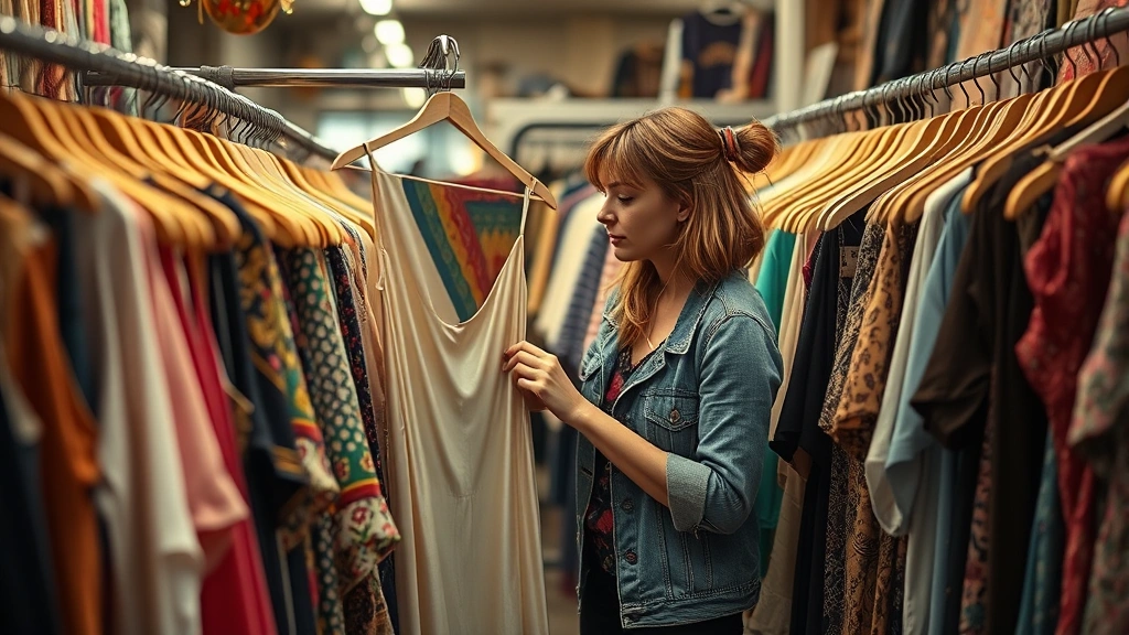 Woman browsing vintage clothing rack in thrift store, examining a silk slip dress, surrounded by colorful hangers and vintage garments, warm indoor lighting, authentic shopping moment captured