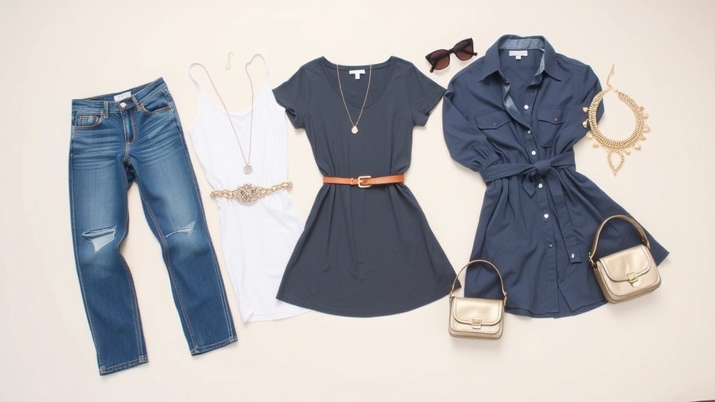Flat lay styling scene showing acubi essentials: low-rise denim, slip dress, baby tee, oversized button-up shirt, chunky belt, mini metallic bag, statement sunglasses, and layered jewelry arranged artfully on neutral background