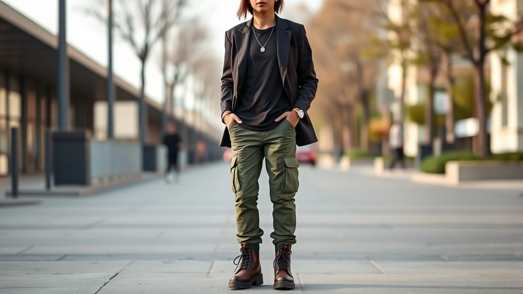 Street style photograph of person wearing complete acubi look with confidence: cargo pants, fitted tee under transparent mesh top, structured blazer, platform boots, layered accessories, natural outdoor setting with soft afternoon lighting