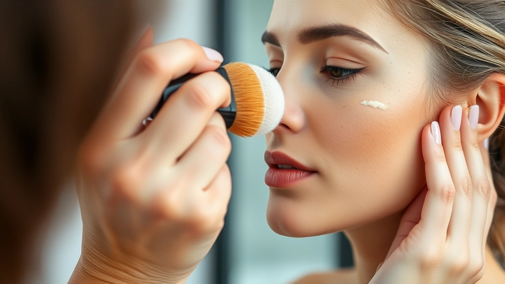 Professional makeup artist applying liquid foundation to woman's face with beauty sponge, natural lighting, close-up of blending technique, skin texture visible