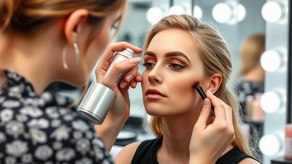 Makeup artist using setting spray on completed foundation makeup, professional makeup station background, finishing touches visible, product application demonstration