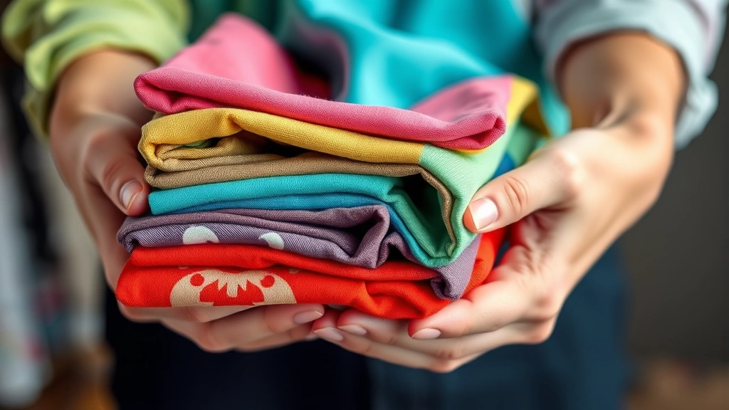 Close-up of hands holding colorful folded clothing items including trendy dresses and tops, natural daylight, organized neatly arranged pieces, showing quality fabric textures and stitching details