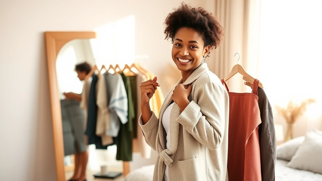 Diverse woman trying on different outfits in front of full-length mirror in bright bedroom, holding up fashionable pieces, natural confident smile, modern minimalist room decor, warm sunlight