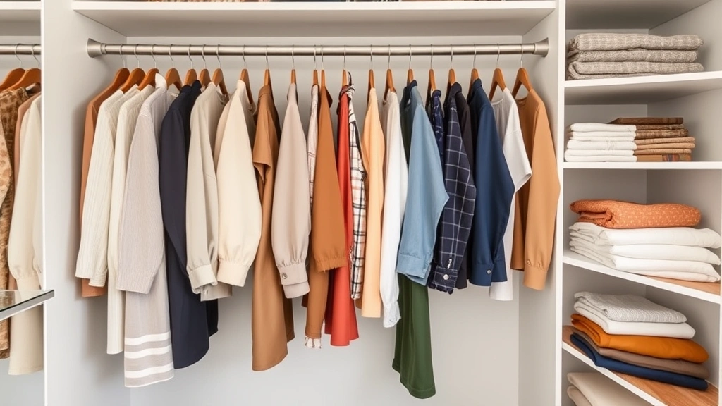 Organized closet displaying well-coordinated capsule wardrobe with neutral and colorful pieces hanging neatly, folded items on shelves, fashion organization and styling inspiration