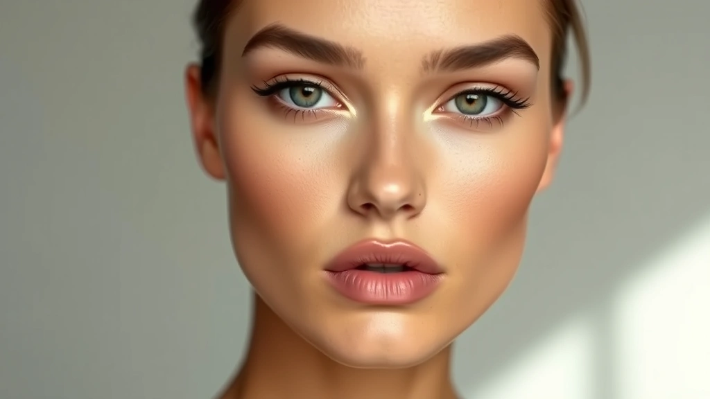 Full face makeup demonstration showing symmetrical contouring, matte foundation, cool-toned highlight placement, defined jawline, androgynous style, editorial beauty photography