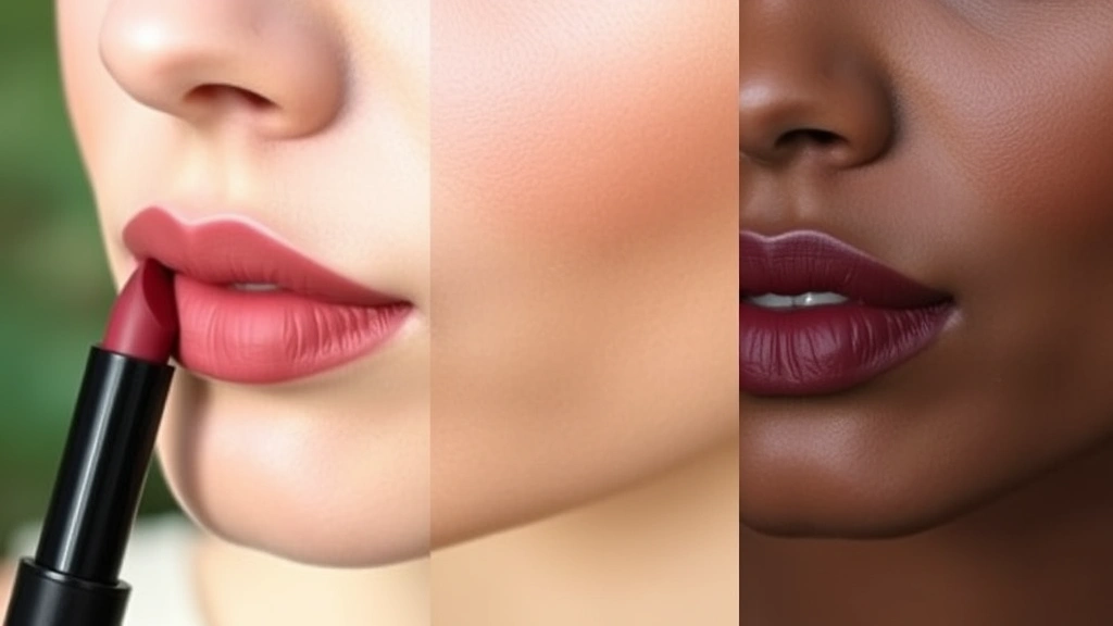 Detailed lip swatch showing matte cool-toned nude and burgundy lipstick options on diverse skin tones, professional makeup artistry, androgynous beauty focus, natural background