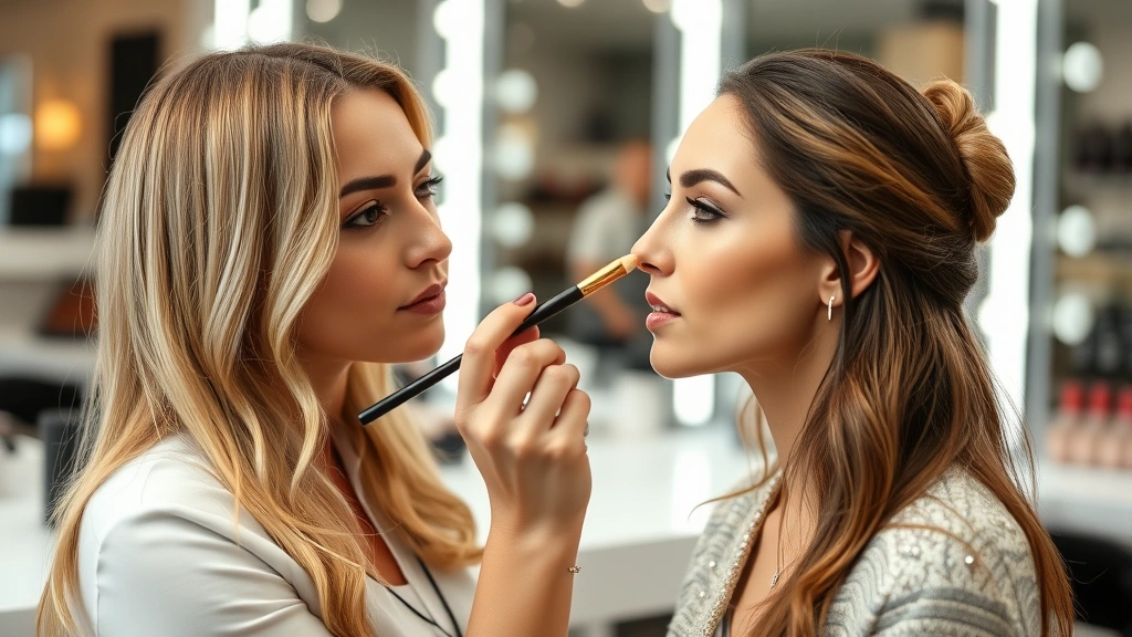 Beauty consultant applying perfectly lined nude lipstick to a customer's lips at makeup counter, showing precise technique with lip liner and brush, professional salon lighting