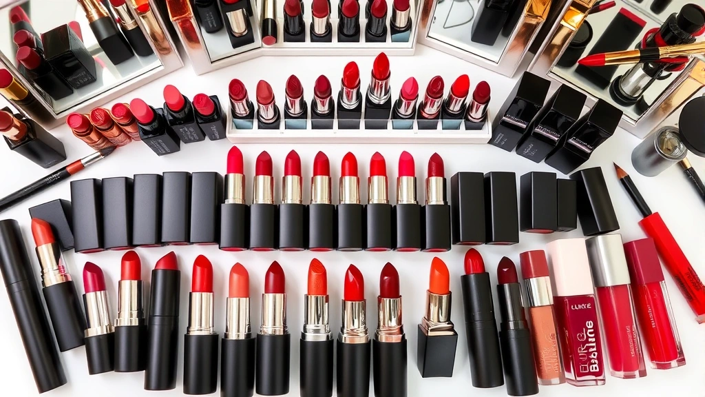 Flat lay arrangement of luxury lipstick collection showing various finishes and colors including mattes, satins, glosses, and liquid lipsticks in organized display with mirrors and beauty tools