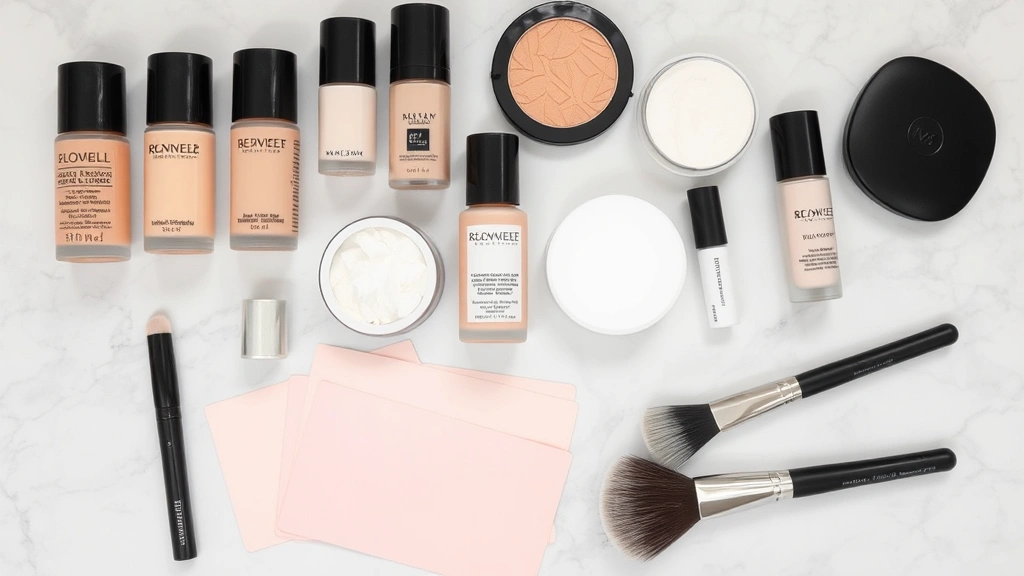 Flat lay arrangement of foundation bottles, setting powders, primers, and blotting papers organized neatly on a marble surface with professional makeup brushes