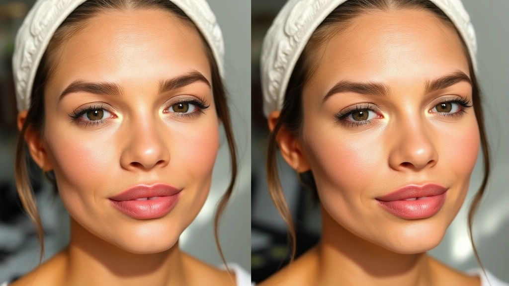 Before and after makeup application on oily skin showing matte, long-lasting foundation finish without shine, photographed in natural daylight with clear skin details visible