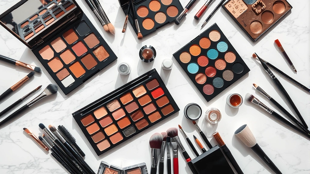 Overhead view of makeup artist's workspace with professional brushes, colorful eyeshadow palettes, metallic pigments, cream products, and precision tools arranged artistically on marble surface, natural lighting highlighting product textures and colors