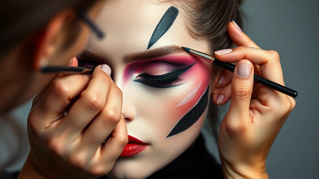 Professional makeup artist applying bold asymmetrical avant garde design with precision brushes and cream pigments, showing hands, tools, and close-up of artistic work in progress, detailed textures
