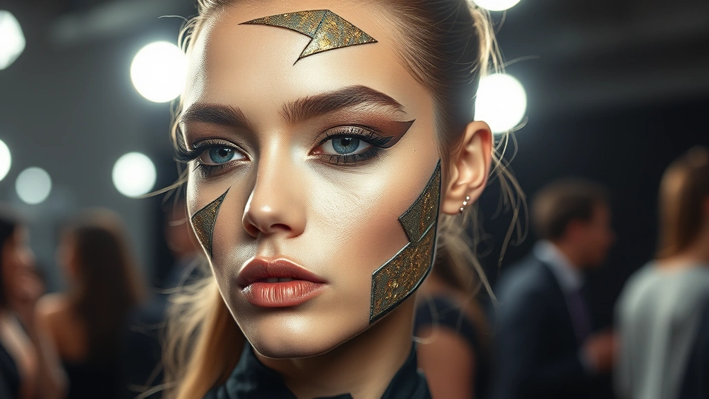 Full face portrait of model wearing intricate abstract geometric makeup design with layered metallic textures, asymmetrical patterns, dimensional highlights, artistic expression, backstage fashion week environment, dramatic professional lighting