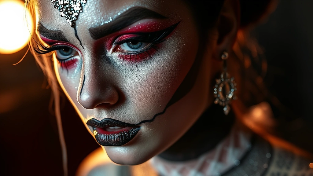 Gallery-style portrait of completed avant garde makeup featuring textured elements, glitter accents, and three-dimensional effects with theatrical lighting, artistic composition, professional photography quality