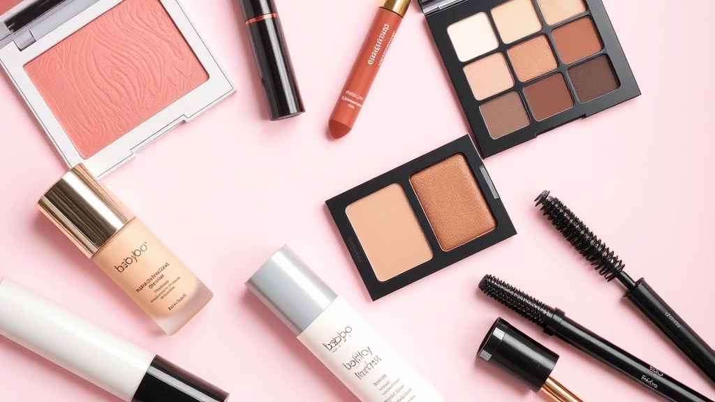 Flat lay arrangement of babyboo makeup essentials including cream blush, dewy foundation, glossy lip gloss, soft eyeshadow palette in warm neutrals, hydrating primer, and mascara on a soft pink background
