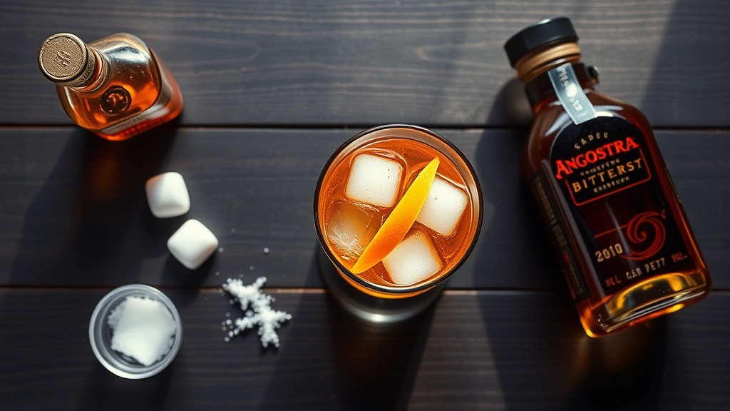 Overhead flat lay of Old Fashioned cocktail with orange twist garnish, sugar cube, Angostura bitters bottle, and bourbon bottle arranged artfully on dark wooden bar surface with natural light