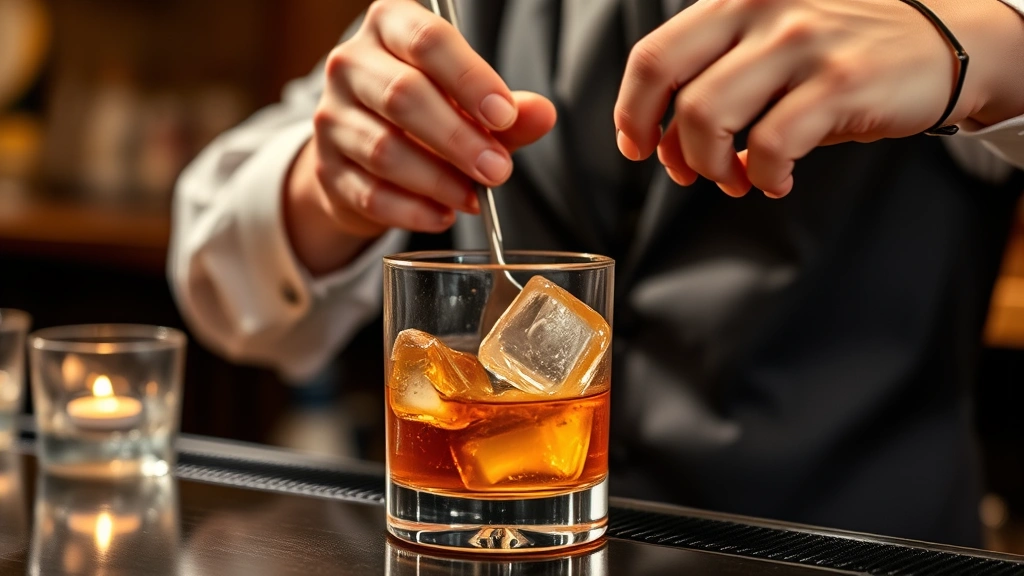 Bartender's hands stirring Old Fashioned in mixing glass with bar spoon, ice cubes visible, golden bourbon liquid catching light, professional bar environment with soft focus background