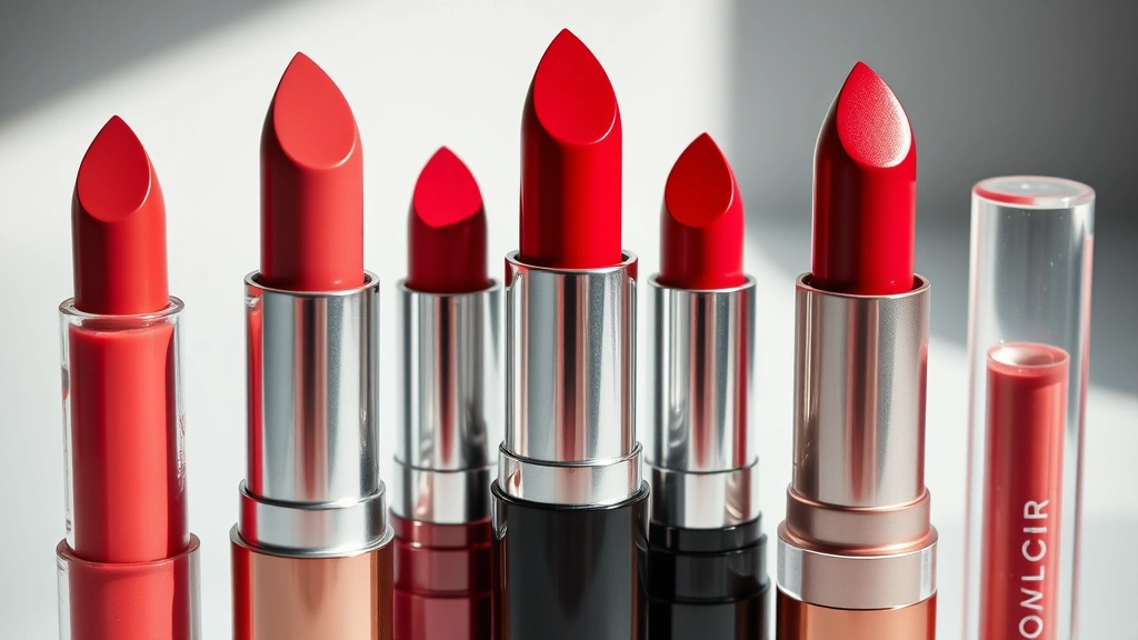 Close-up of five different long-wearing lipstick formulas displayed beautifully - liquid, matte, satin, glossy, and waterproof - arranged artfully with soft beauty photography lighting