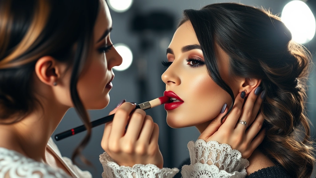 Beauty makeup artist applying bold burgundy lipstick to client's lips using precision brush technique, studio lighting, detailed application process