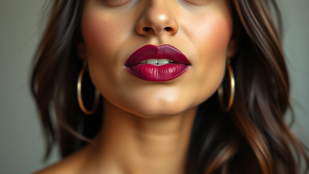 Diverse woman confidently wearing bold plum-berry lipstick shade, natural lighting, showing complete bold lip makeup look with clean application