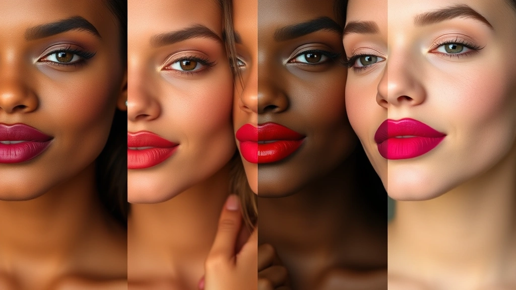 Diverse skin tones displaying different lipstick shades side-by-side: deep plum, warm coral, cool red, nude pink, showcasing color matching