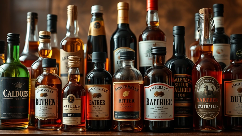 Artfully arranged collection of various bitters bottles showing different colors and labels, warm lighting highlighting amber and dark tones