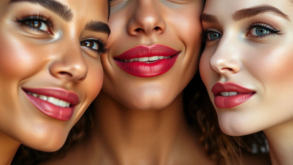 Close-up of diverse women wearing different lipstick shades matching their skin tones, natural lighting, showing undertone harmony and color vibrancy