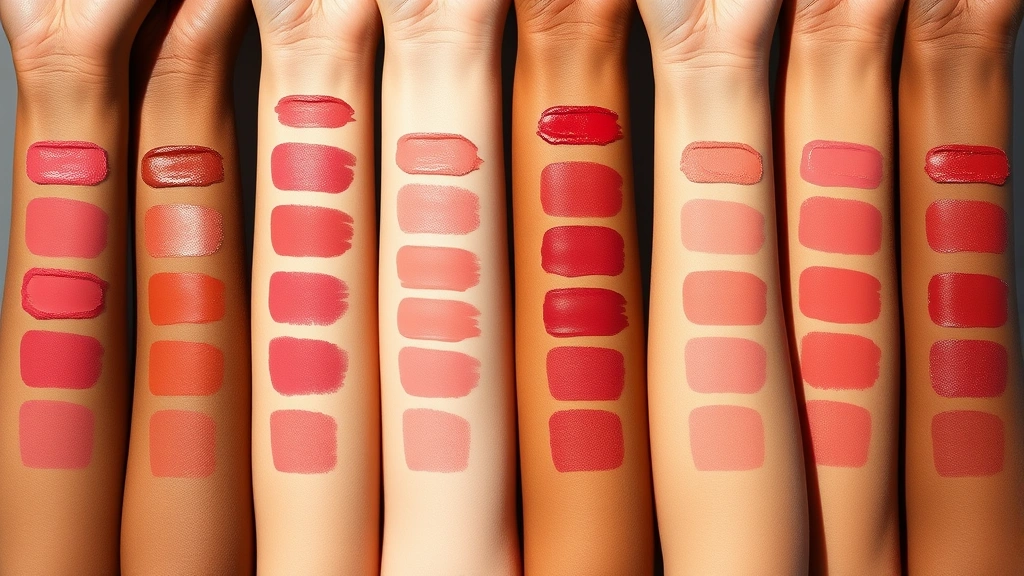 Array of lipstick swatches displayed on various skin tone arms, showing warm, cool, and neutral shades, bright natural daylight, beauty editorial style