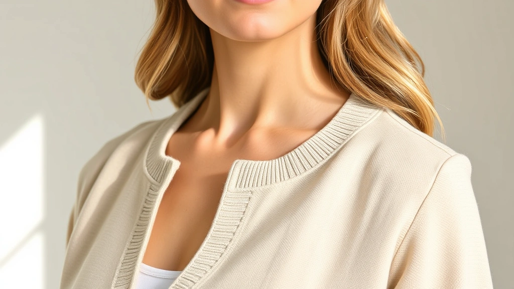 Close-up of woman wearing soft cotton Blair cardigan in neutral beige, professional styling, natural lighting, showing fabric texture and quality construction details