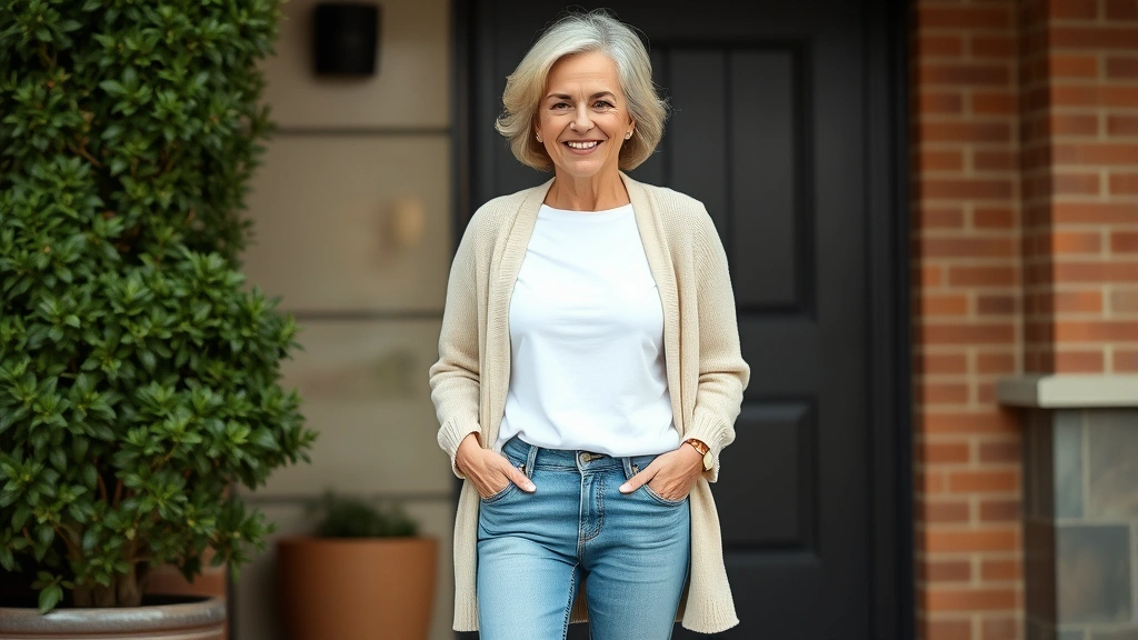 Woman in her 50s styled in classic Blair wardrobe essentials - simple white tee, well-fitted jeans, and cream cardigan, demonstrating timeless everyday style and comfort