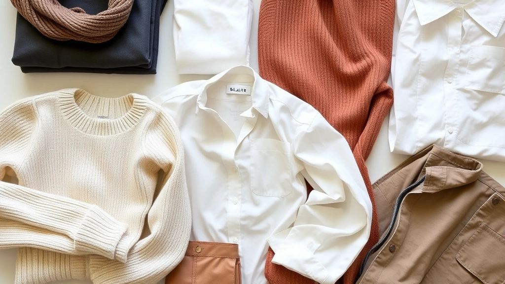 Flat lay of Blair Women's Fashions basics including folded neutral-toned sweaters, cotton blouses, and classic pieces arranged neatly, showcasing wardrobe staple versatility