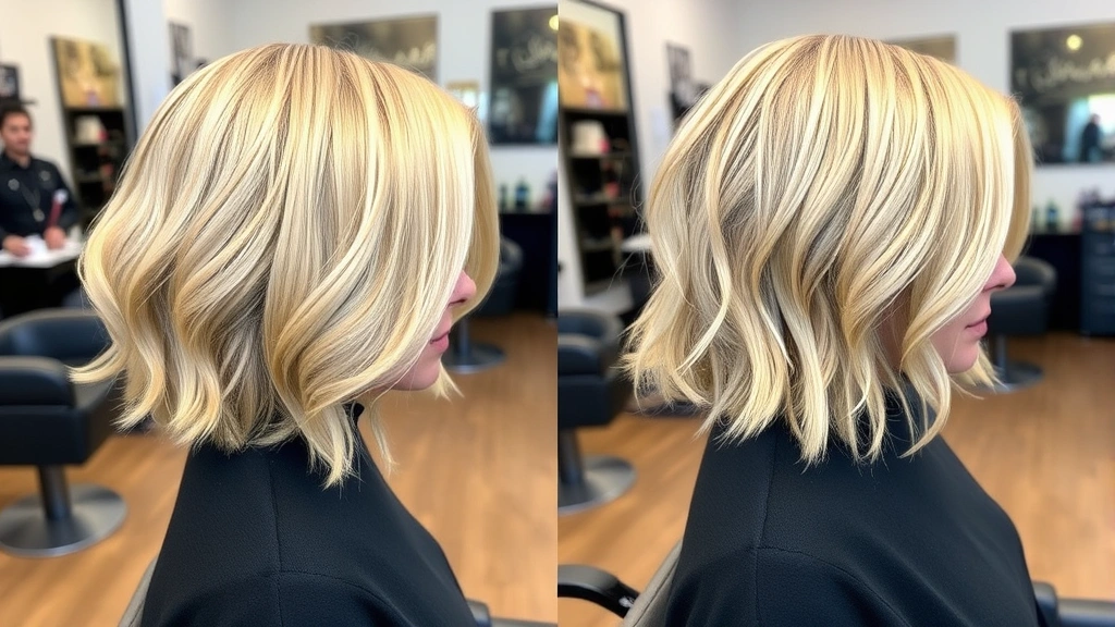 Blonde bob haircut styled in multiple ways on same model: left side shows polished waves, right side shows textured undone style, professional salon environment, showing versatility of bob fashion