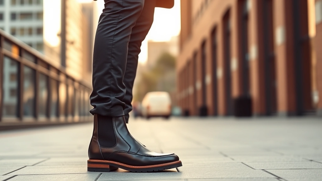 Lifestyle shot of man wearing Chelsea boots with tailored chinos and blazer, standing confidently in modern urban setting with warm natural lighting