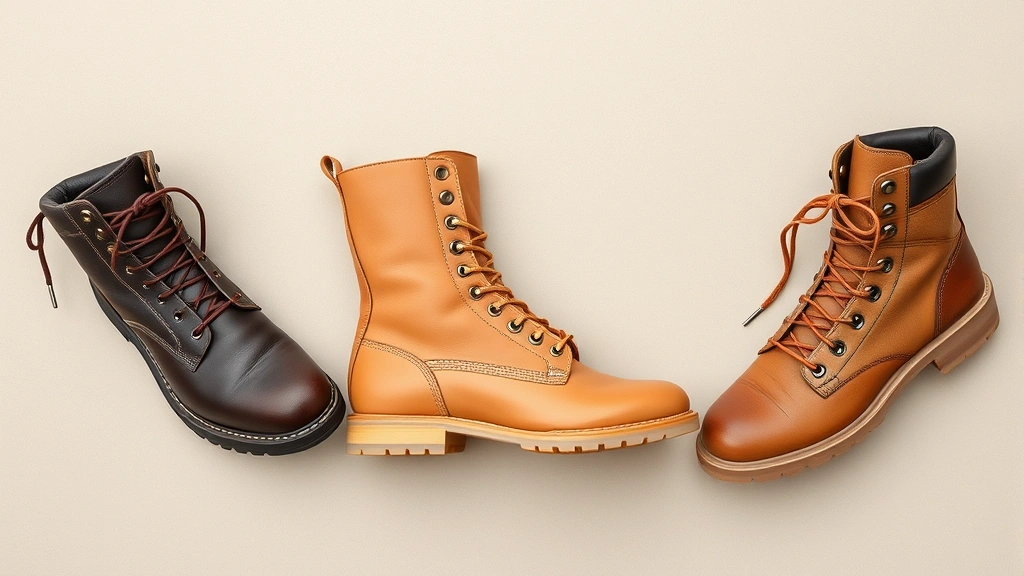 Flat lay arrangement of three different men's boot styles - work boot, desert boot, and combat boot - displayed on neutral background showing construction details