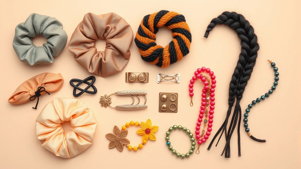 Overhead view of various box braid styling accessories including silk scrunchies, decorative clips, and colorful beads arranged artfully on neutral background