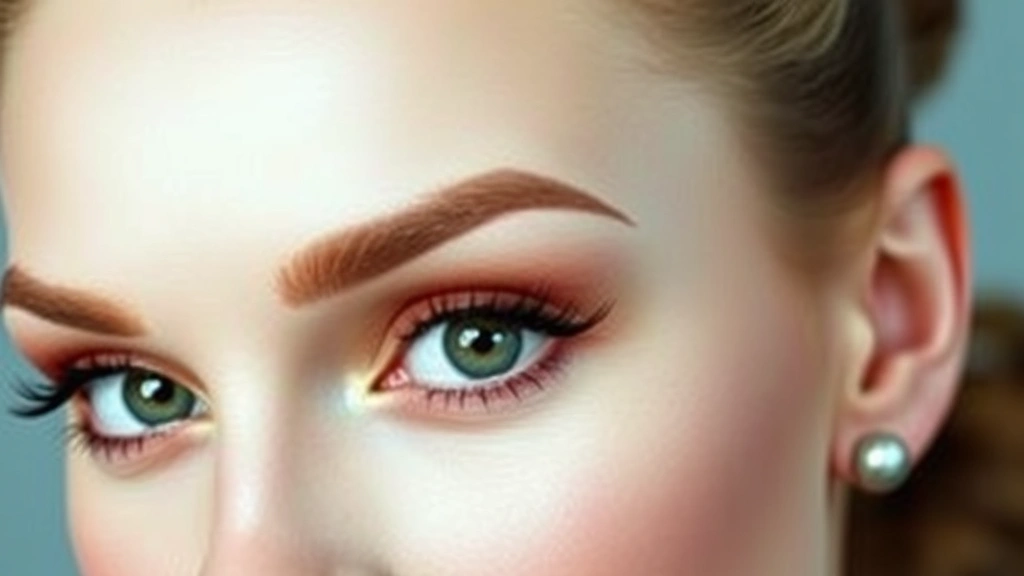Close-up of a woman's face with perfectly applied 1950s vintage makeup featuring sharp winged eyeliner, defined arched eyebrows, warm bronze eyeshadow, and deep red matte lipstick. Porcelain complexion, professional studio lighting, direct gaze to camera.