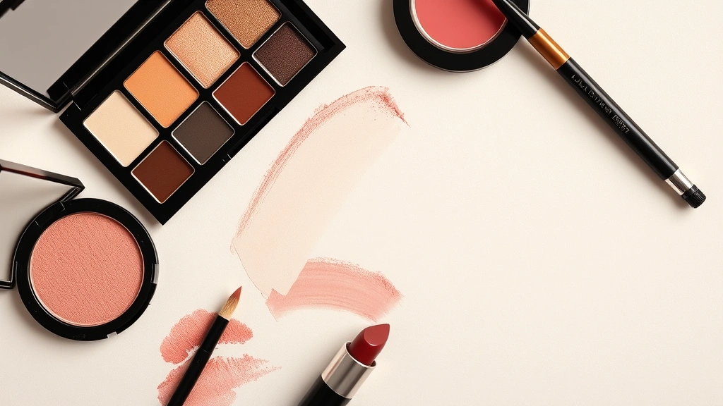 Overhead beauty flat lay showing vintage makeup application in progress with cream eyeshadow palette, angled brow brush, liquid eyeliner pen, burgundy lipstick, and lip liner arranged artistically on neutral background.