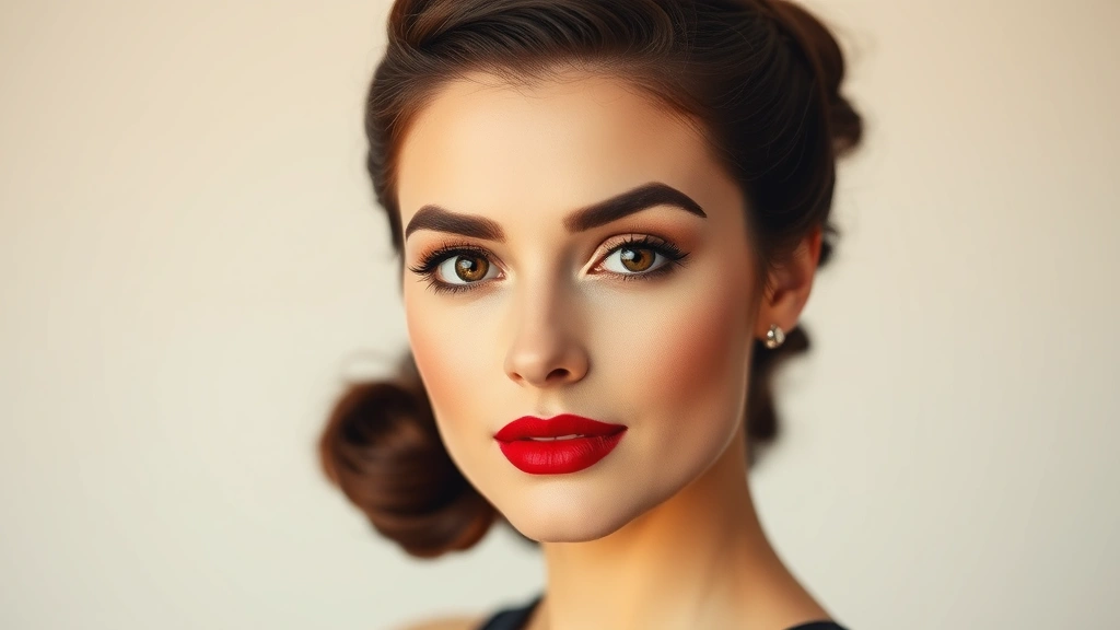 Portrait of a woman showcasing complete 1940s vintage makeup look with sculpted brows, defined eyes with warm brown and gold tones, classic red lips, and perfectly set matte complexion. Vintage-inspired hair styling, soft natural lighting, confident expression.