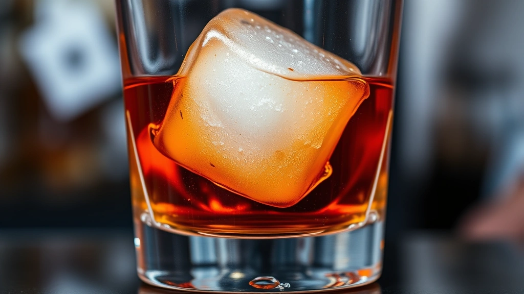Close-up of sugar cube dissolving in rocks glass with Angostura bitters, dark amber liquid and large clear ice cube, professional bar background blurred