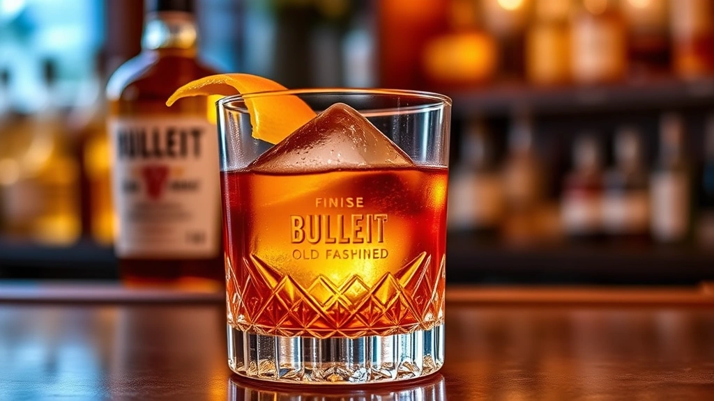 Finished Bulleit Old Fashioned cocktail in crystal rocks glass with large ice cube, orange peel garnish, warm ambient lighting, sophisticated wooden bar counter background